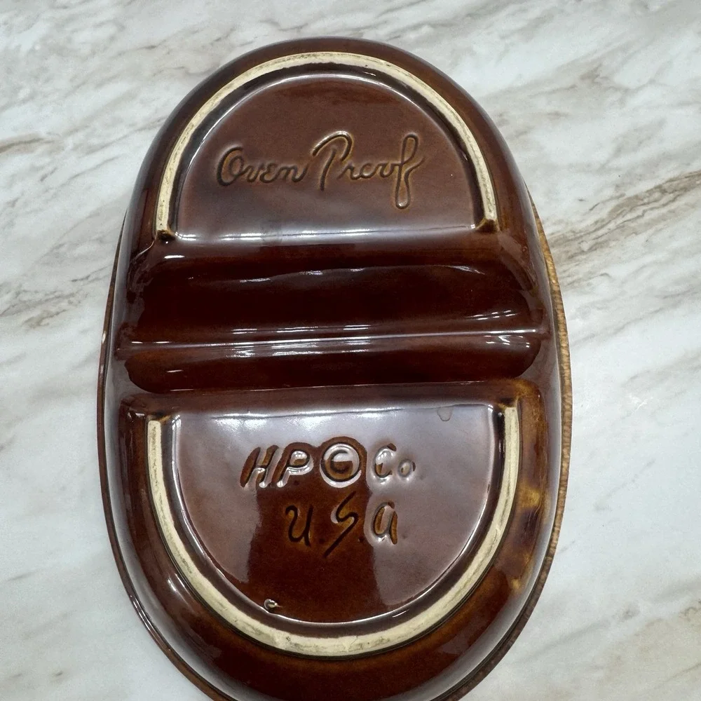 HULL OvenProof‎ BROWN DRIP GLAZE DIVIDED SERVING BOWL DISH OVEN PROOF USA